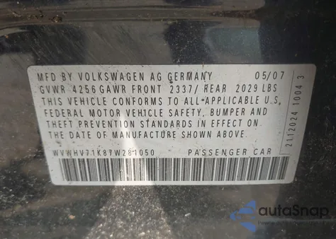 2007 Volkswagen Gti 4-Door z USA, uszkodzony, nr VIN WVWHV71K87W281050